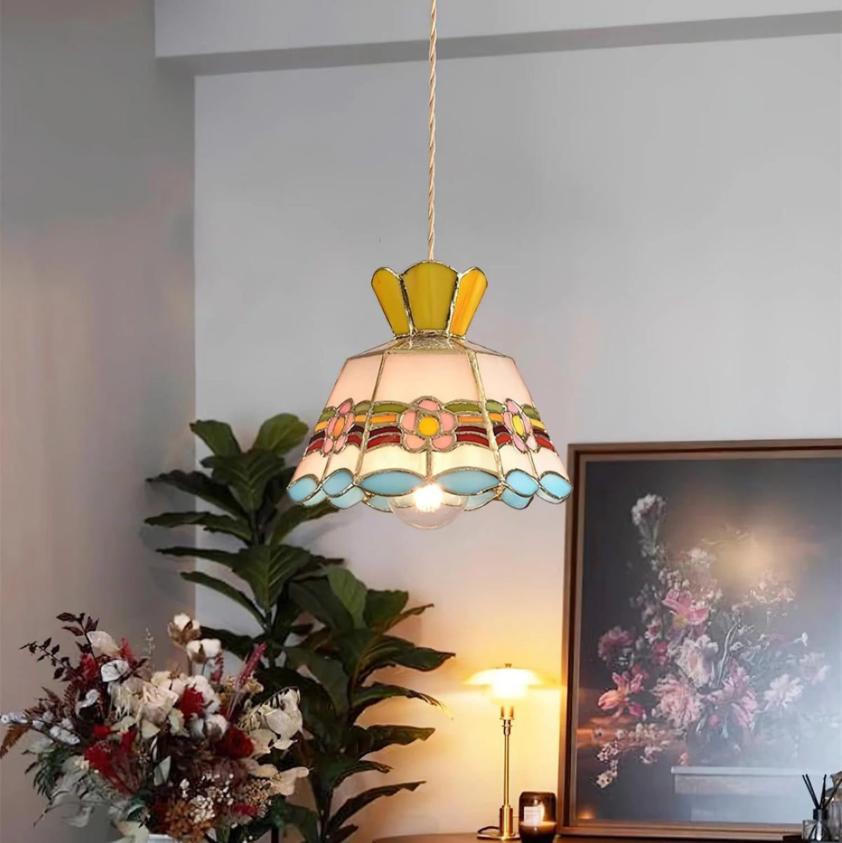 Pendant Light | Stained Glass Floral & Metal Frame