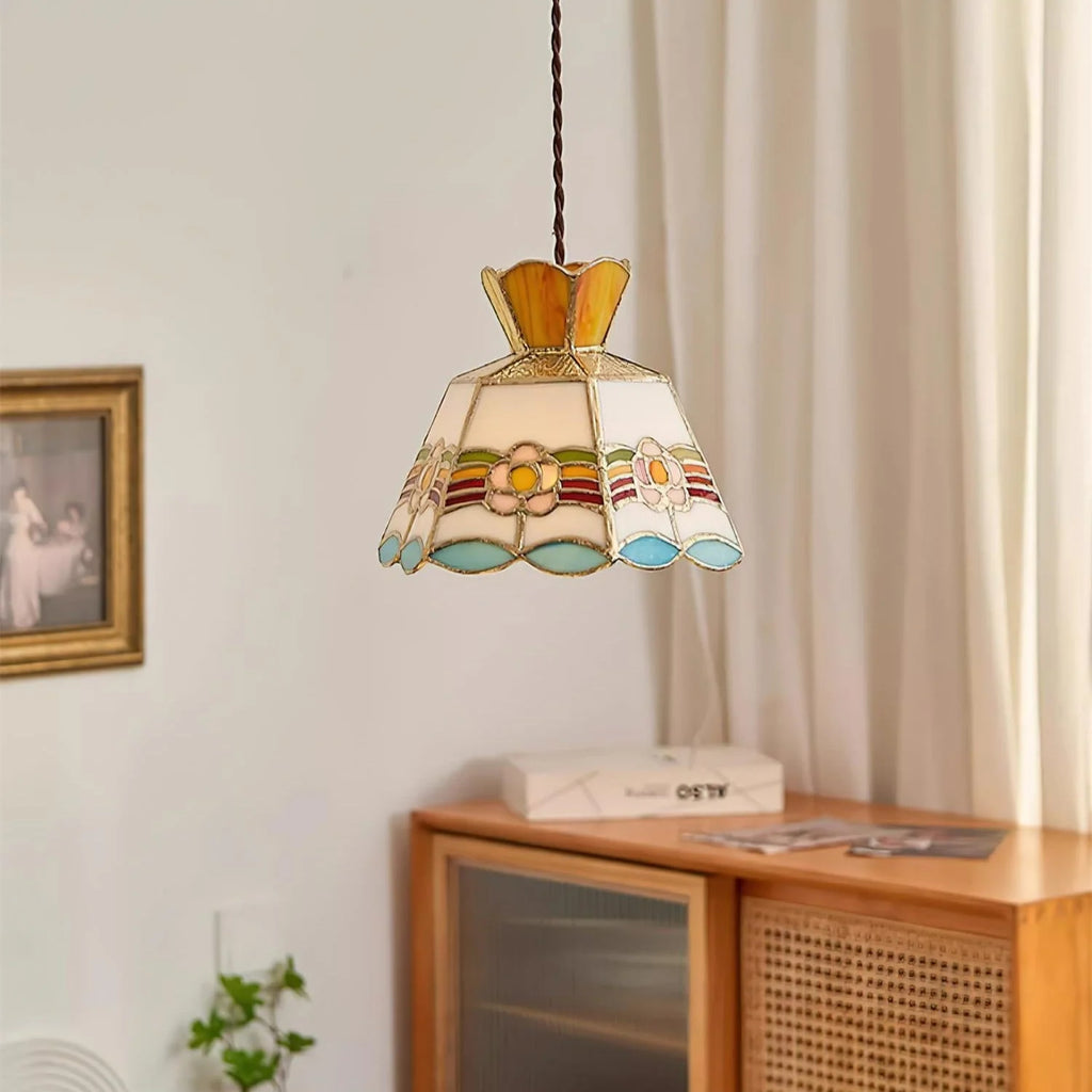 Pendant Light | Stained Glass Floral & Metal Frame