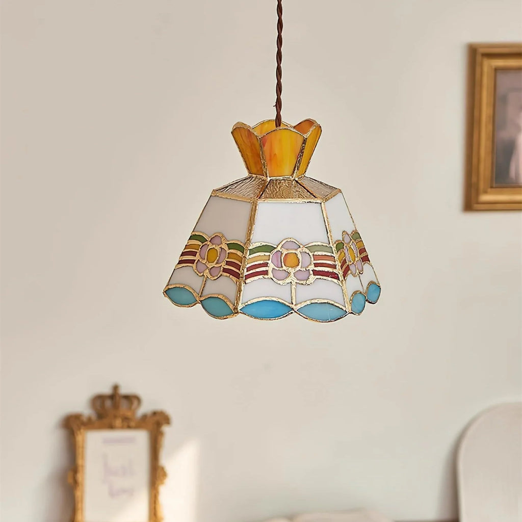 Pendant Light | Stained Glass Floral & Metal Frame