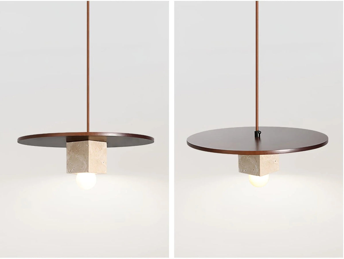 Pendant Light | Stone Disc Yellow Travertine & Walnut | 30 cm Dia