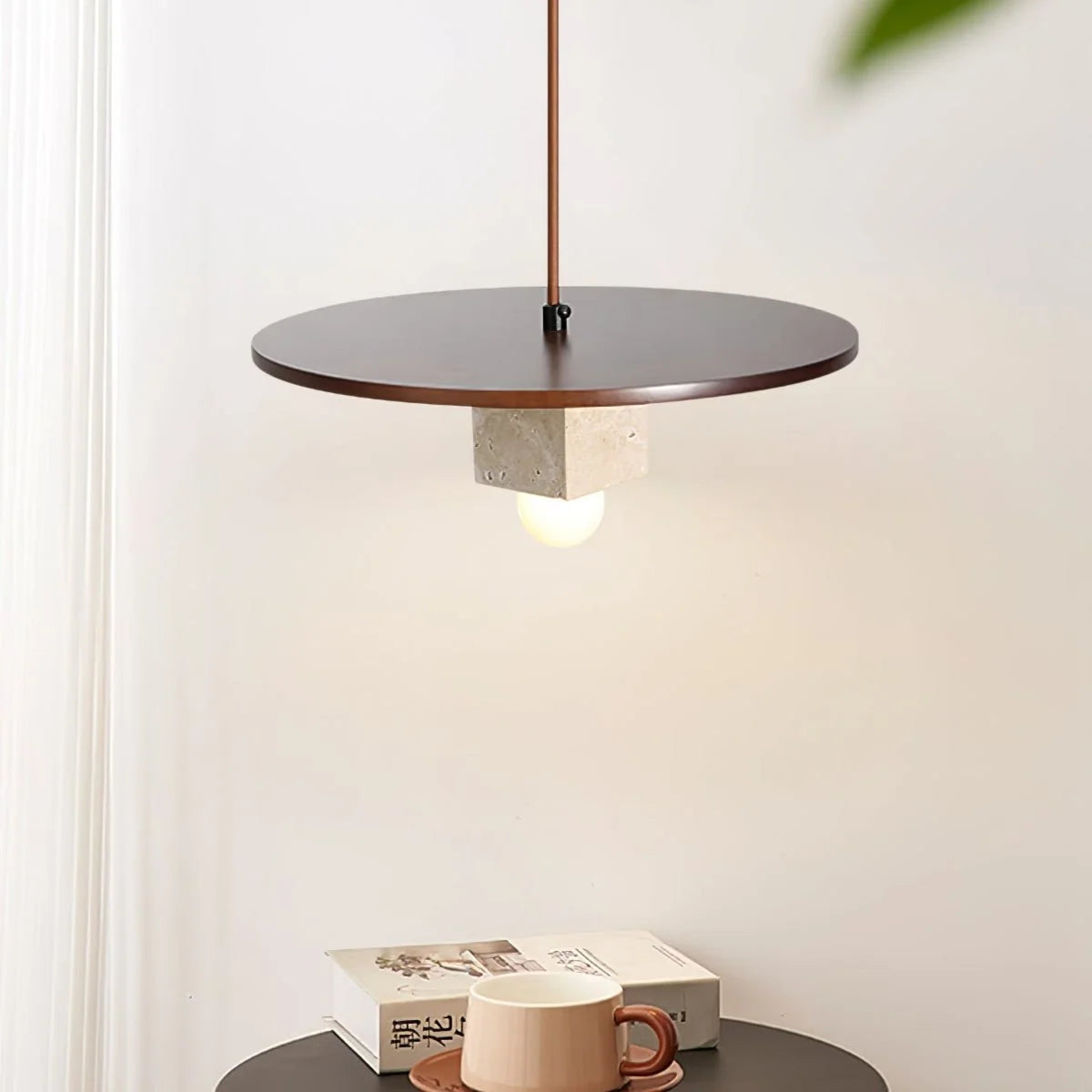 Pendant Light | Stone Disc Yellow Travertine & Walnut | 30 cm Dia