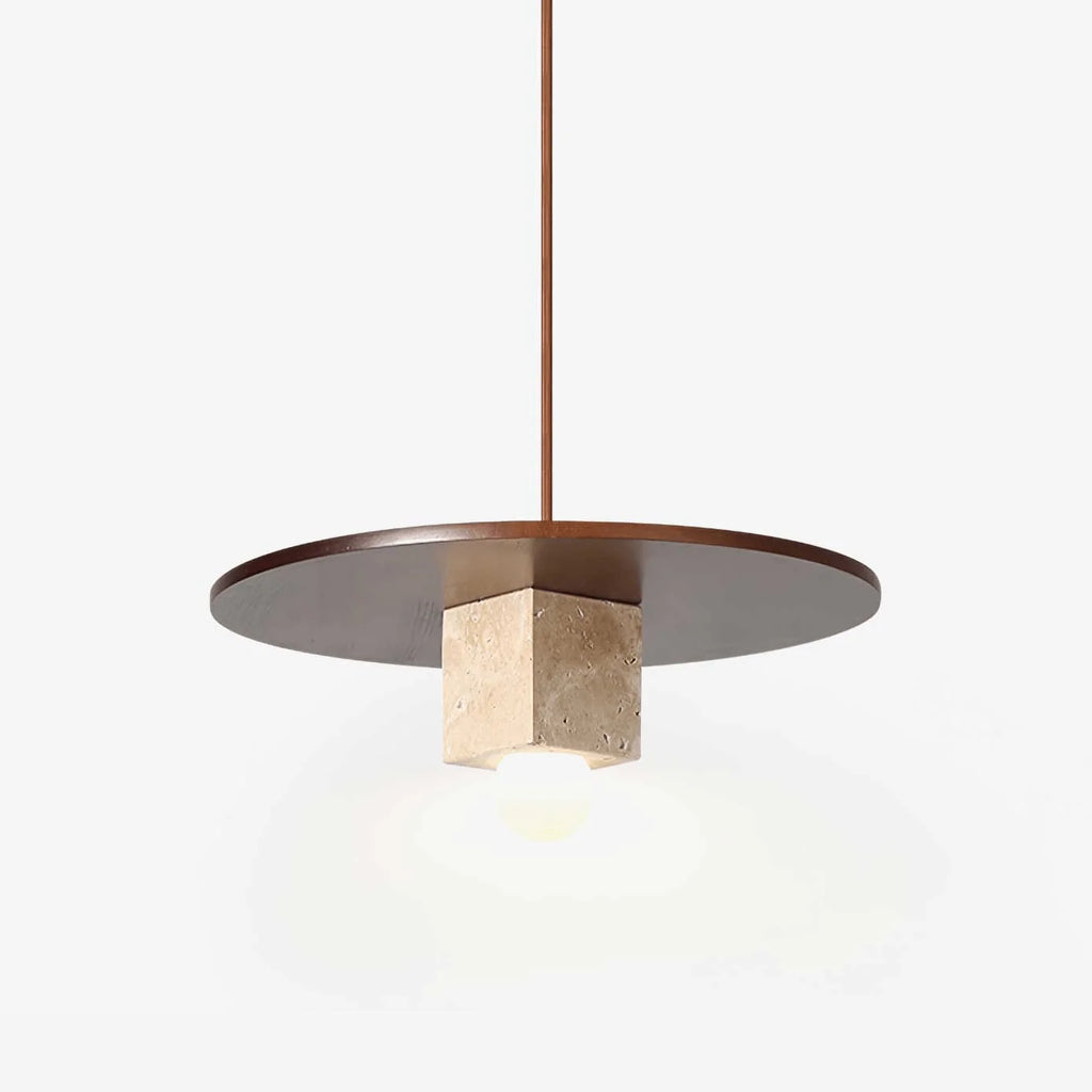 Pendant Light | Stone Disc Yellow Travertine & Walnut | 30 cm Dia