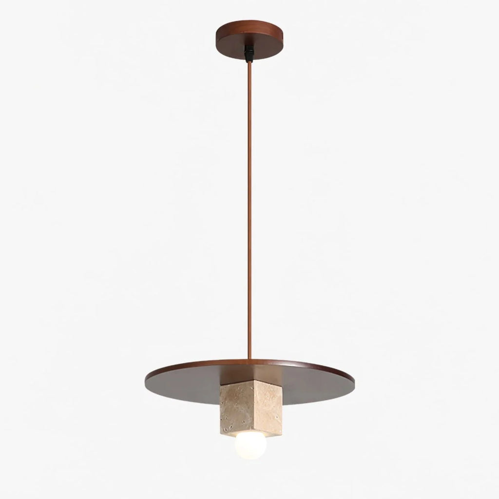 Pendant Light | Stone Disc Yellow Travertine & Walnut | 30 cm Dia