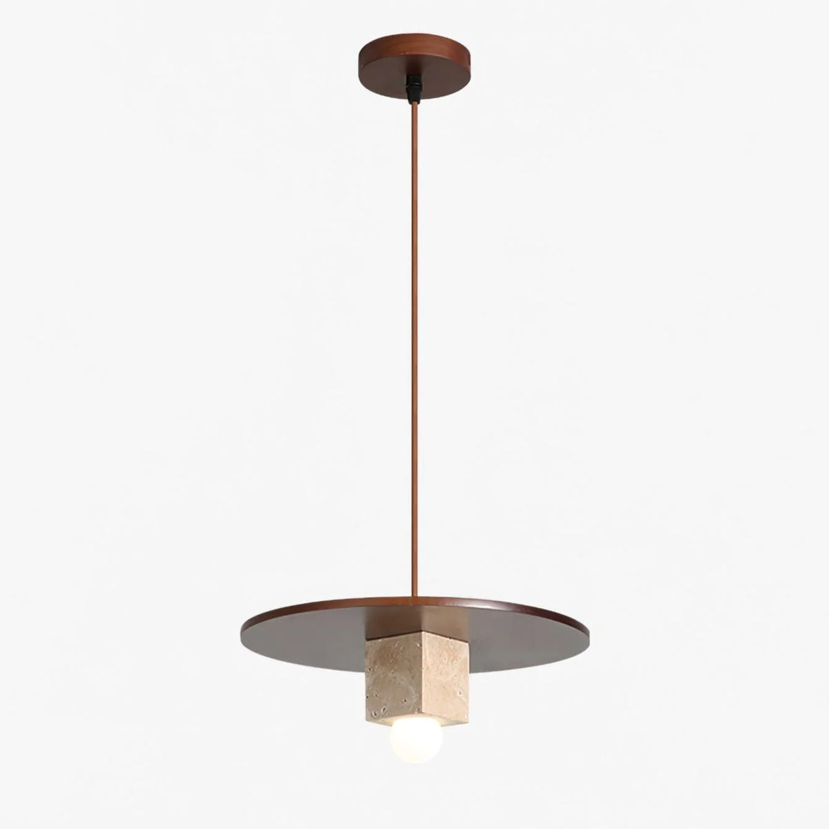 Pendant Light | Stone Disc Yellow Travertine & Walnut | 30 cm Dia