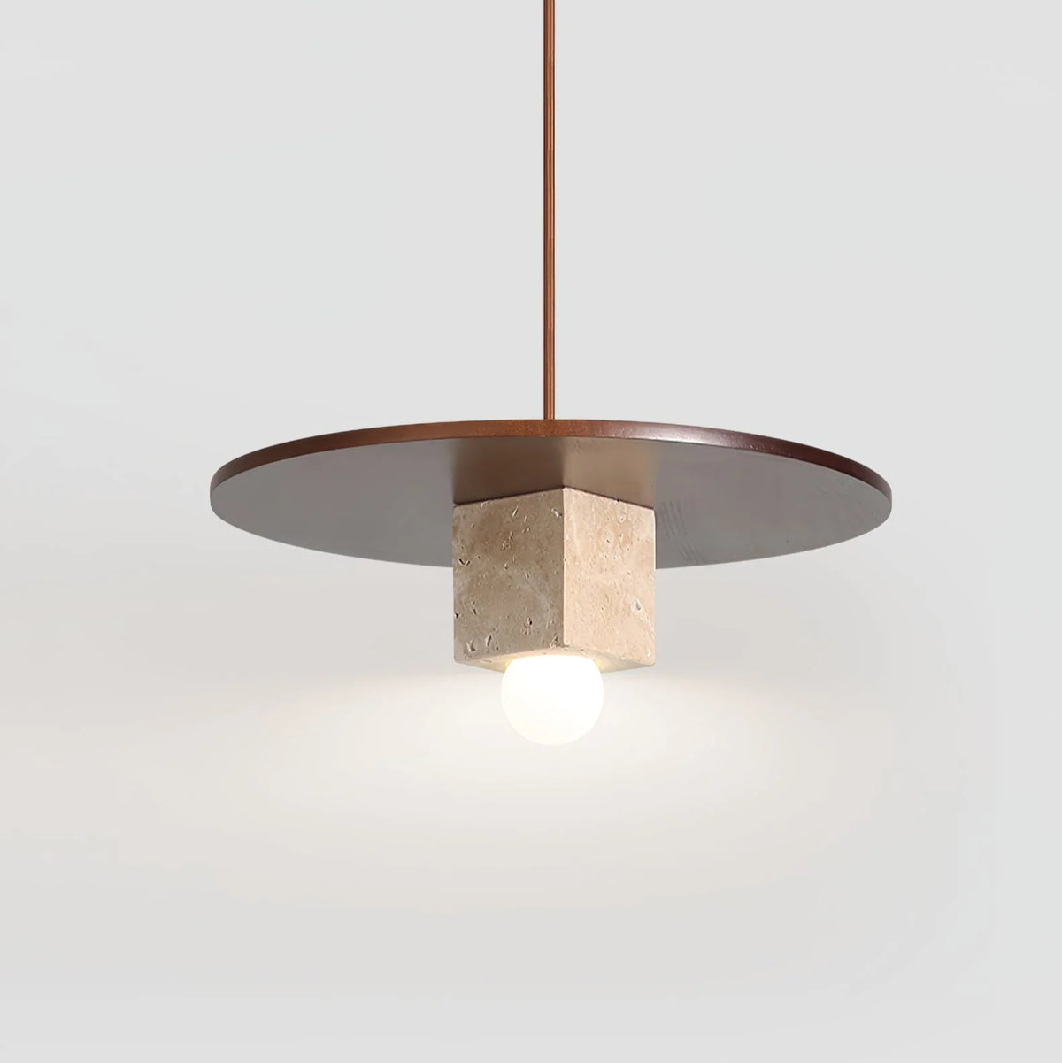 Pendant Light | Stone Disc Yellow Travertine & Walnut | 30 cm Dia
