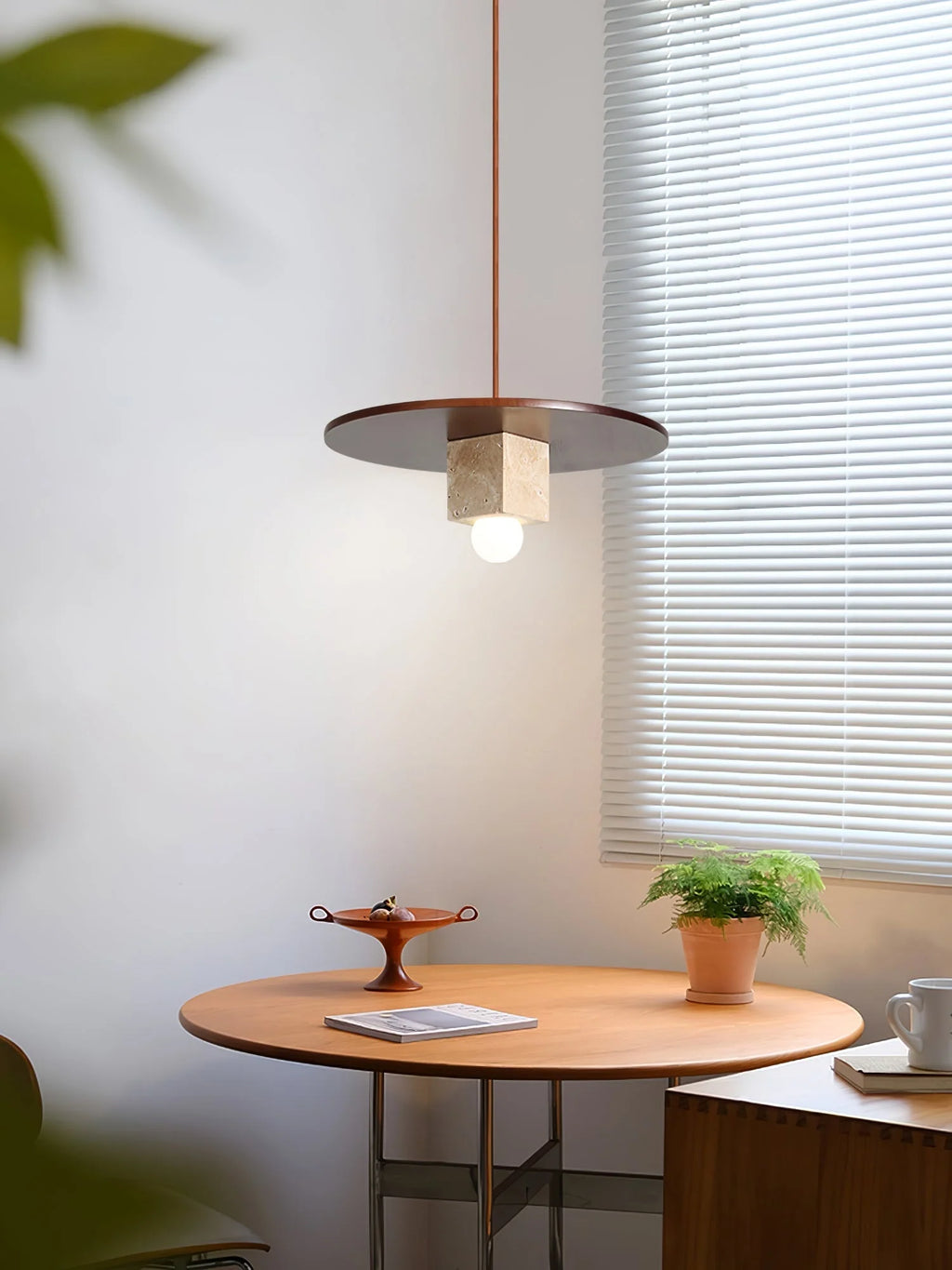 Pendant Light | Stone Disc Yellow Travertine & Walnut | 30 cm Dia