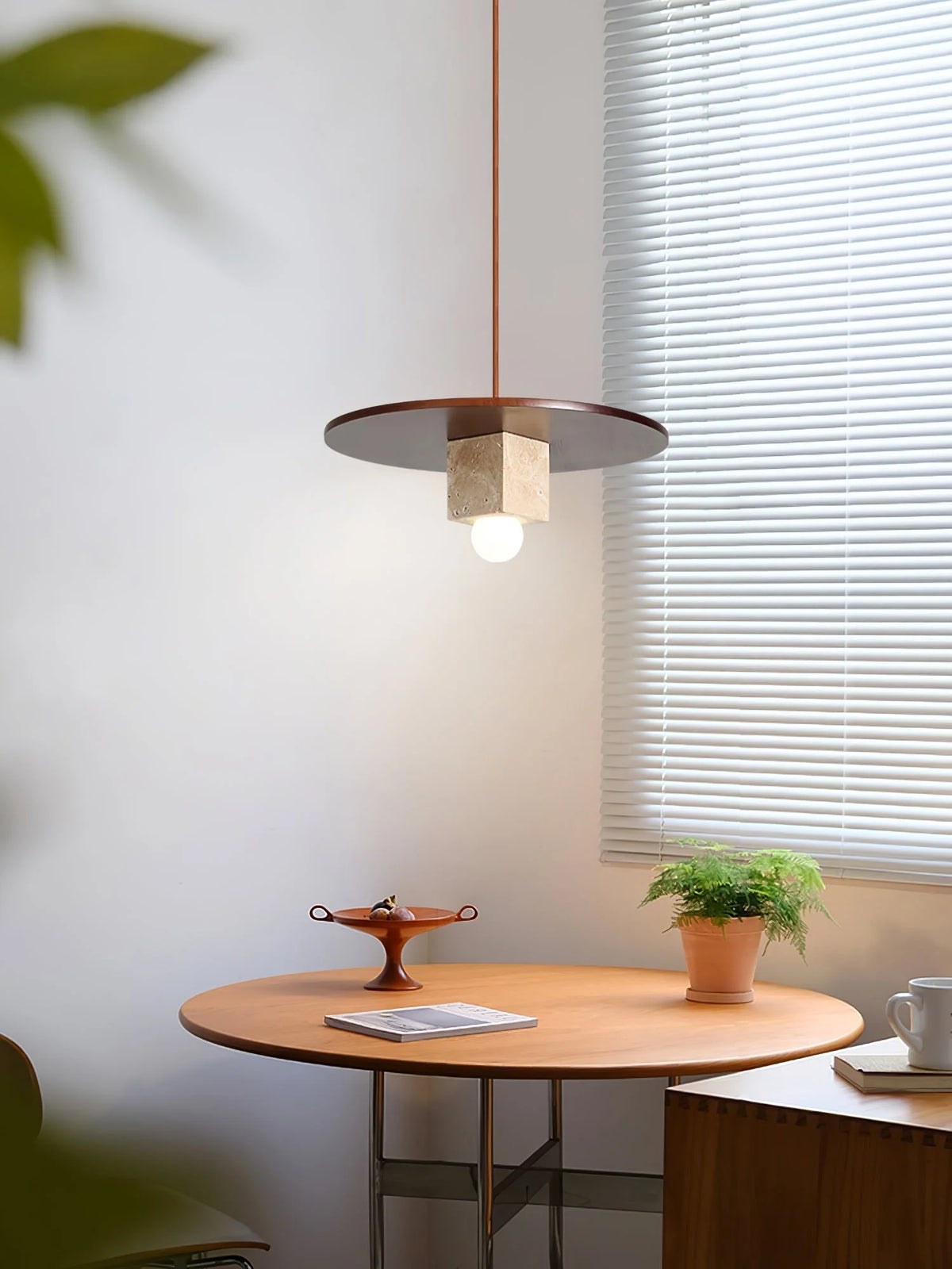 Pendant Light | Stone Disc Yellow Travertine & Walnut | 30 cm Dia