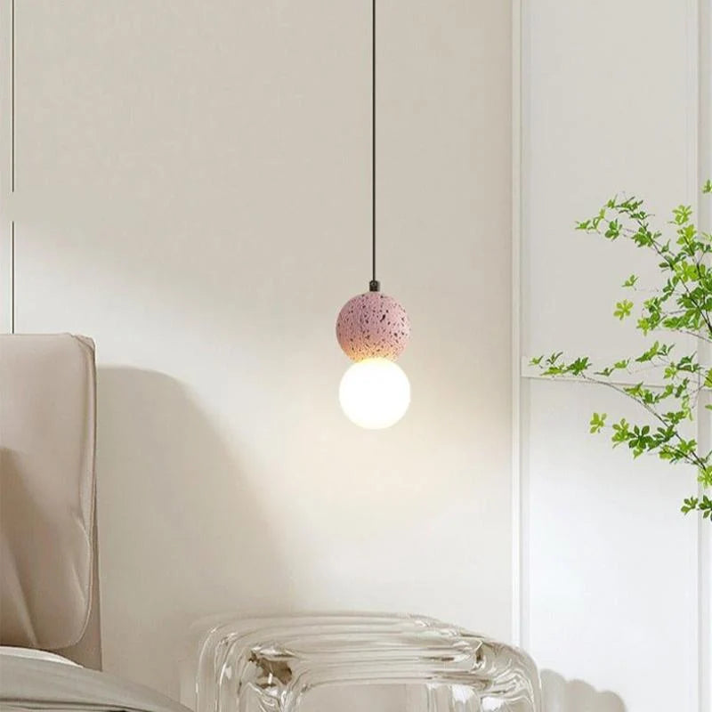 Pendant Light | Travertine & Acrylic Double Globe | Warm LED