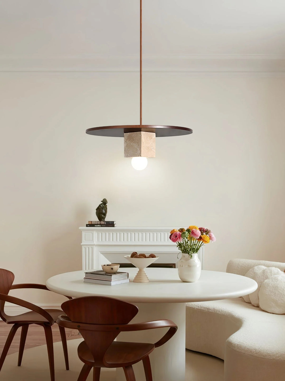 Pendant Light | Travertine Disc & Walnut Wood | 30 cm Dia