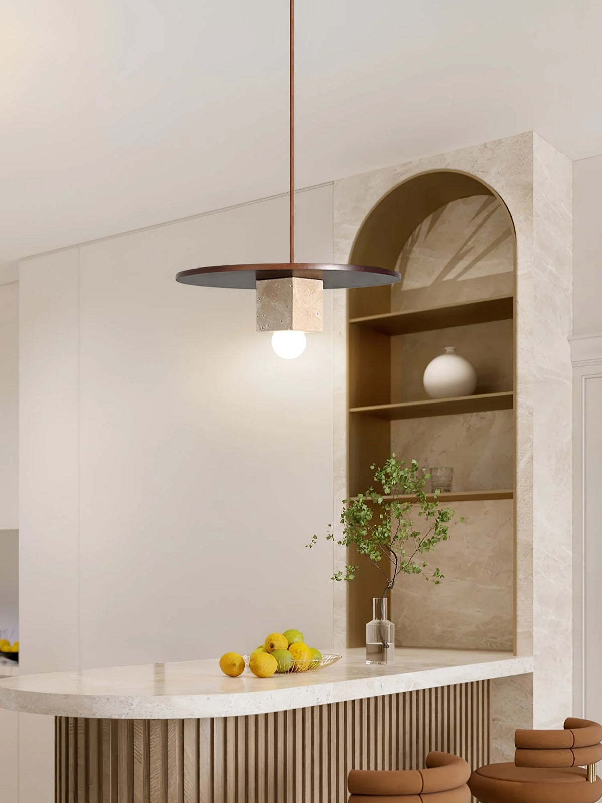 Pendant Light | Travertine Disc & Walnut Wood | 30 cm Dia