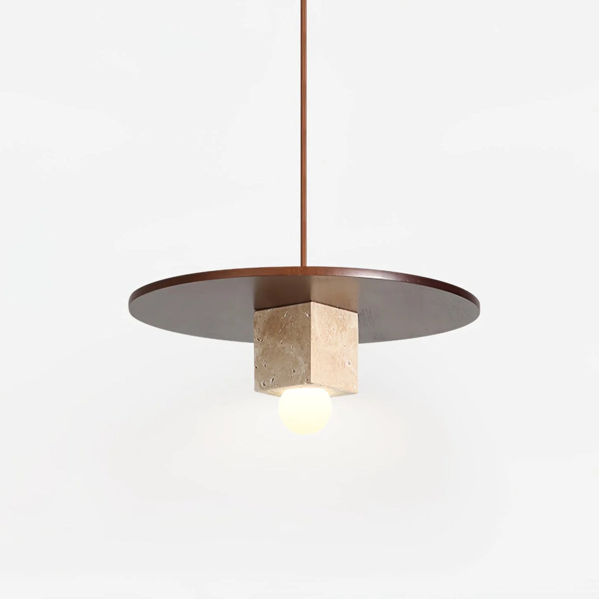 Pendant Light | Travertine Disc & Walnut Wood | 30 cm Dia