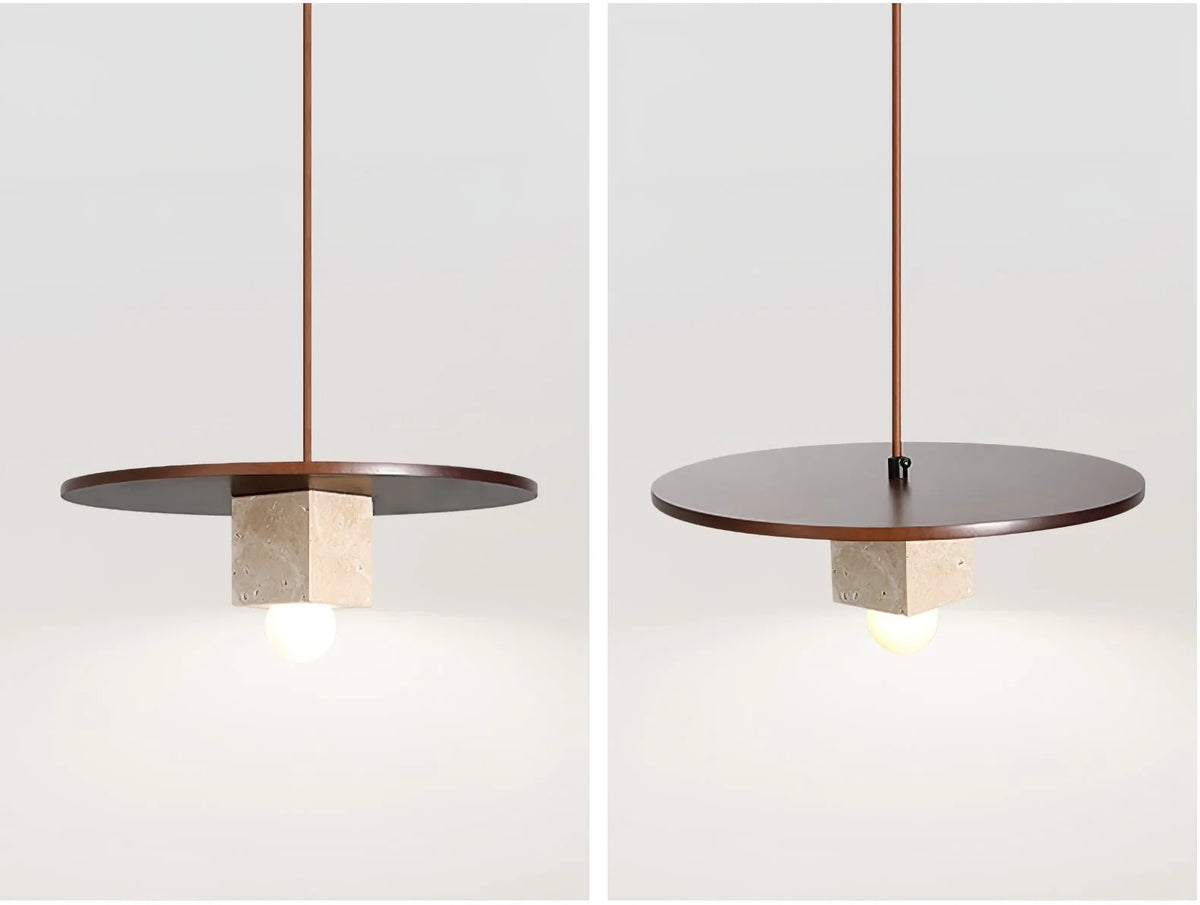 Pendant Light | Travertine Disc & Walnut Wood | 30 cm Dia