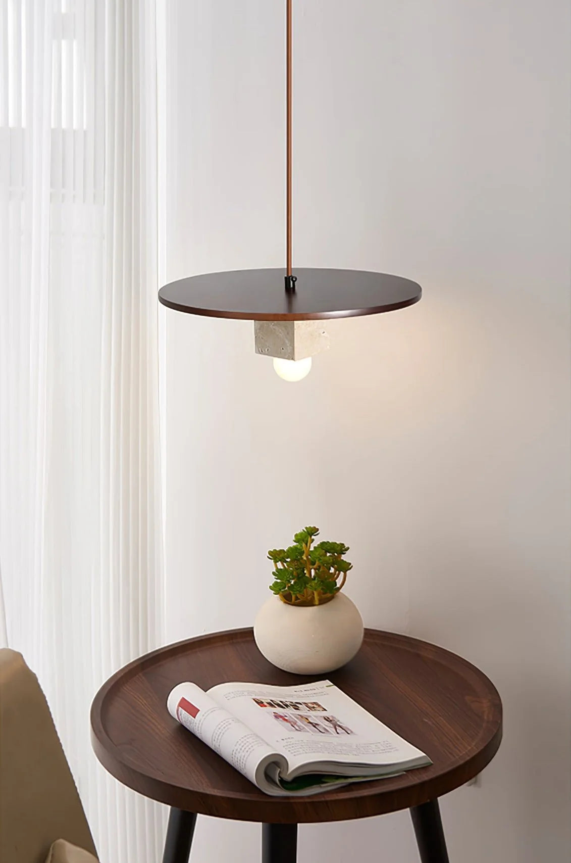 Pendant Light | Travertine Disc & Walnut Wood | 30 cm Dia