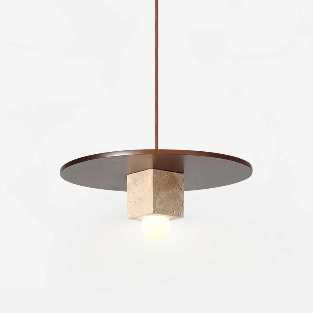 Pendant Light | Travertine Disc & Walnut Wood | 30 cm Dia