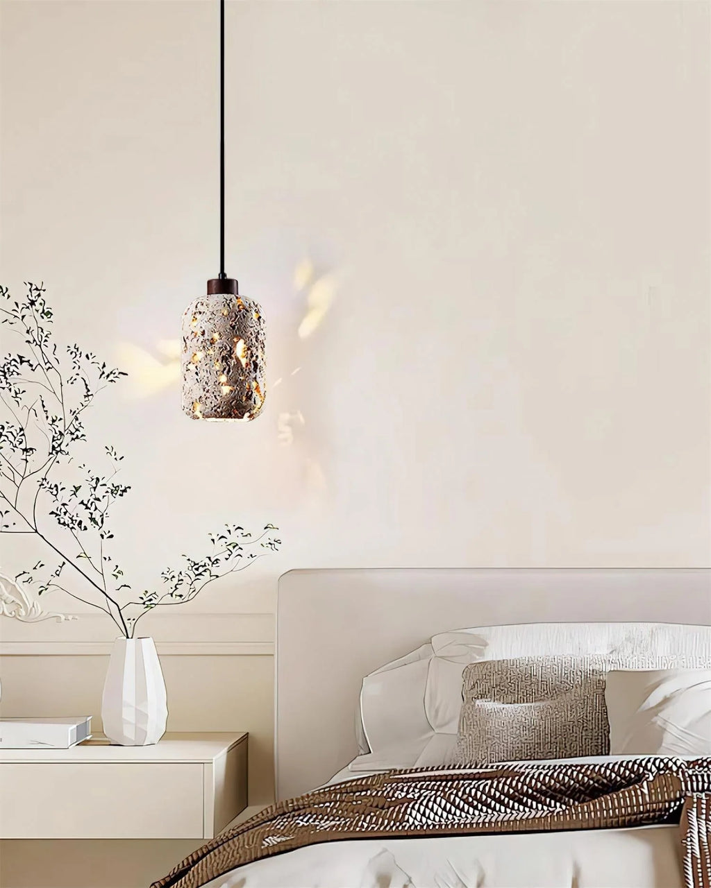 Pendant Light | Travertine Shade & Walnut Wood | Dimmer Compatible