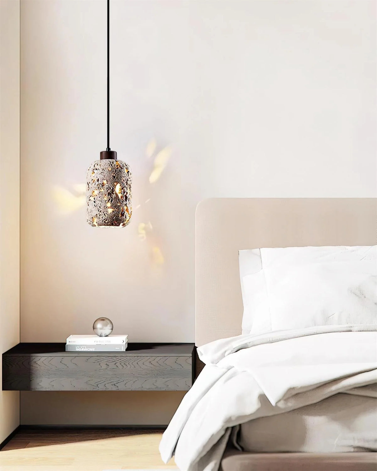 Pendant Light | Travertine Shade & Walnut Wood | Dimmer Compatible