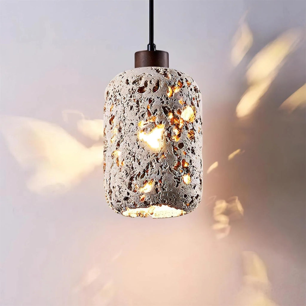 Pendant Light | Travertine Shade & Walnut Wood | Dimmer Compatible