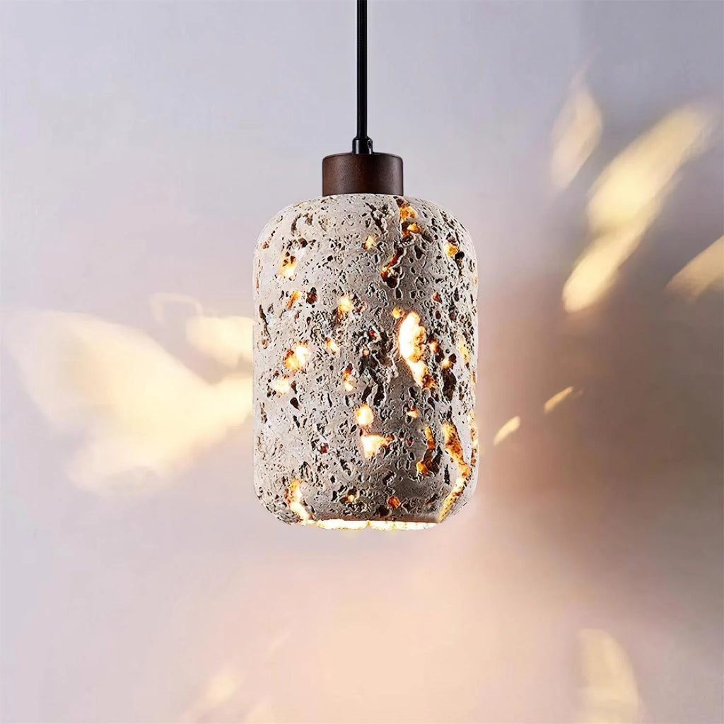 Pendant Light | Travertine Shade & Walnut Wood | Dimmer Compatible