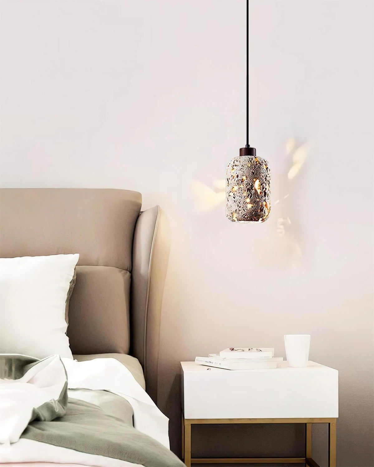 Pendant Light | Travertine Shade & Walnut Wood | Dimmer Compatible
