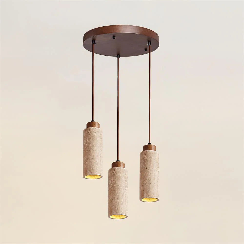 Pendant Light | Travertine Shade & Wood Accents | 59-Inch Adjustable Cord