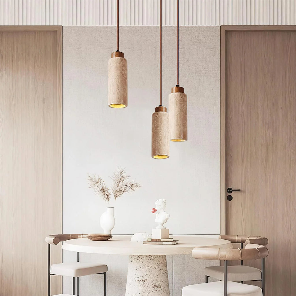 Pendant Light | Travertine Shade & Wood Accents | 59-Inch Adjustable Cord