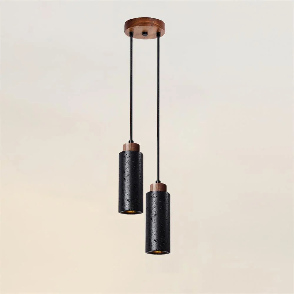 Pendant Light | Travertine Shade & Wood Accents | 59-Inch Adjustable Cord