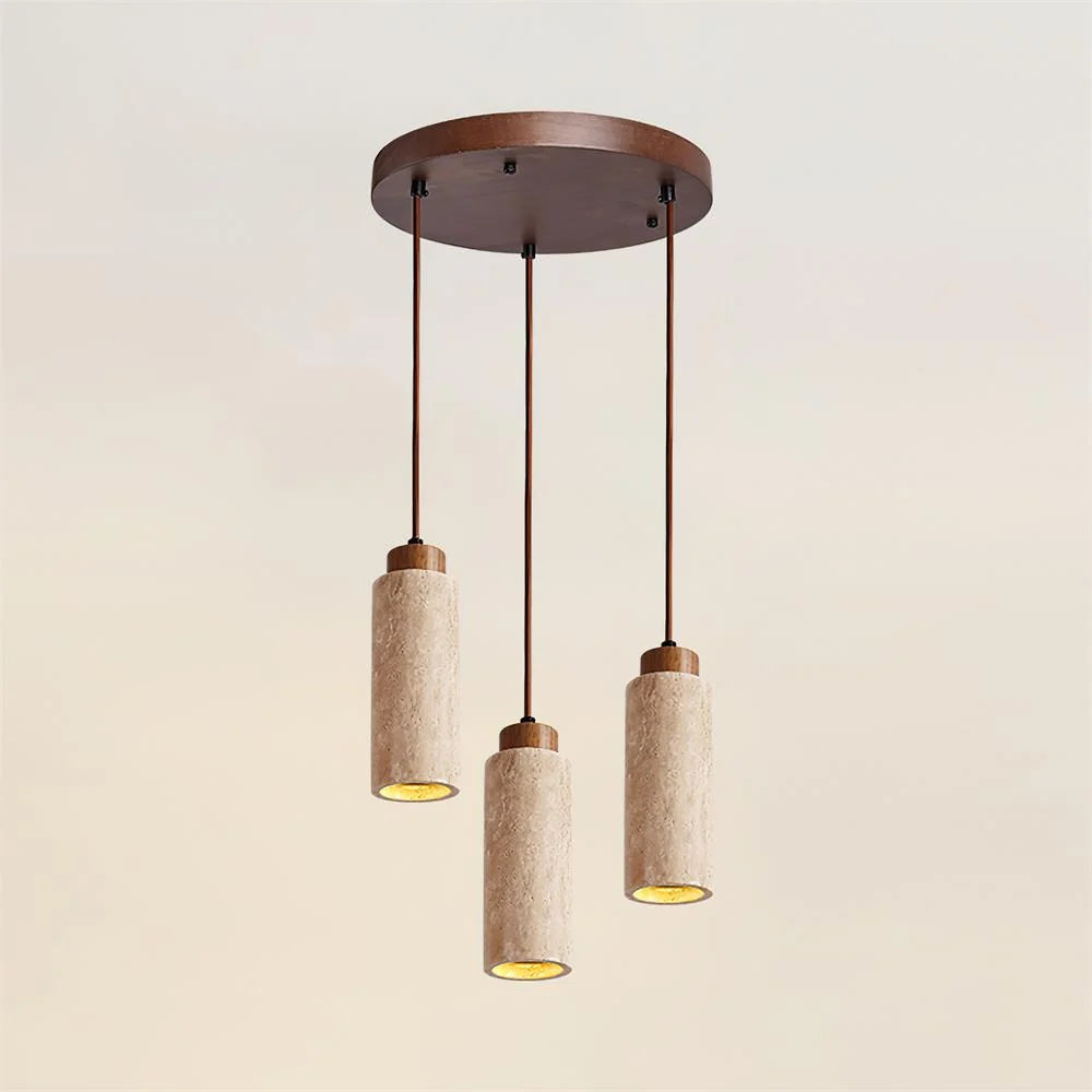 Pendant Light | Travertine & Wood Shade | 59 in Adjustable Cord