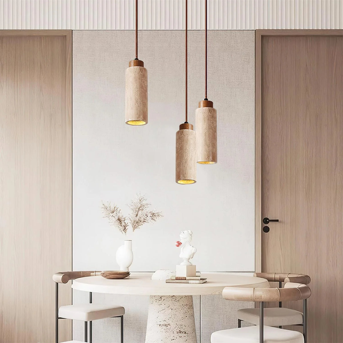 Pendant Light | Travertine & Wood Shade | 59 in Adjustable Cord