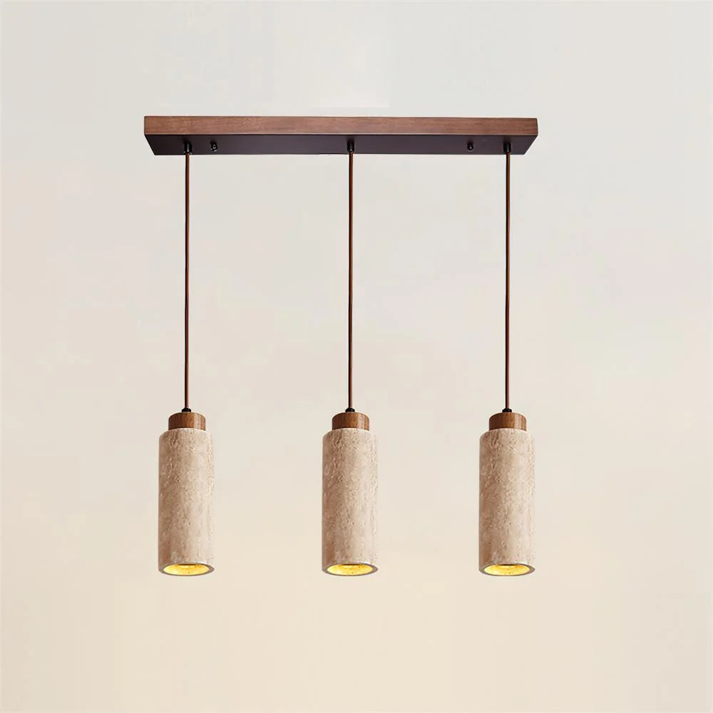 Pendant Light | Travertine & Wood Shade | 59 in Adjustable Cord