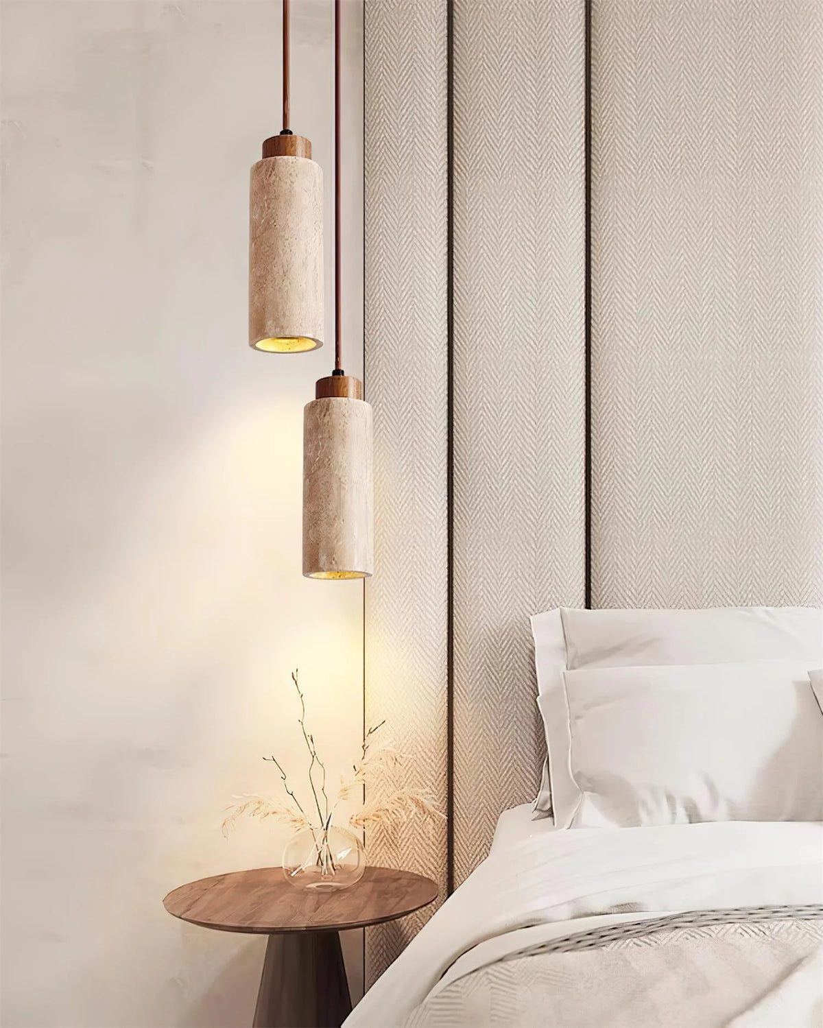 Pendant Light | Travertine & Wood Shade | 59 in Adjustable Cord