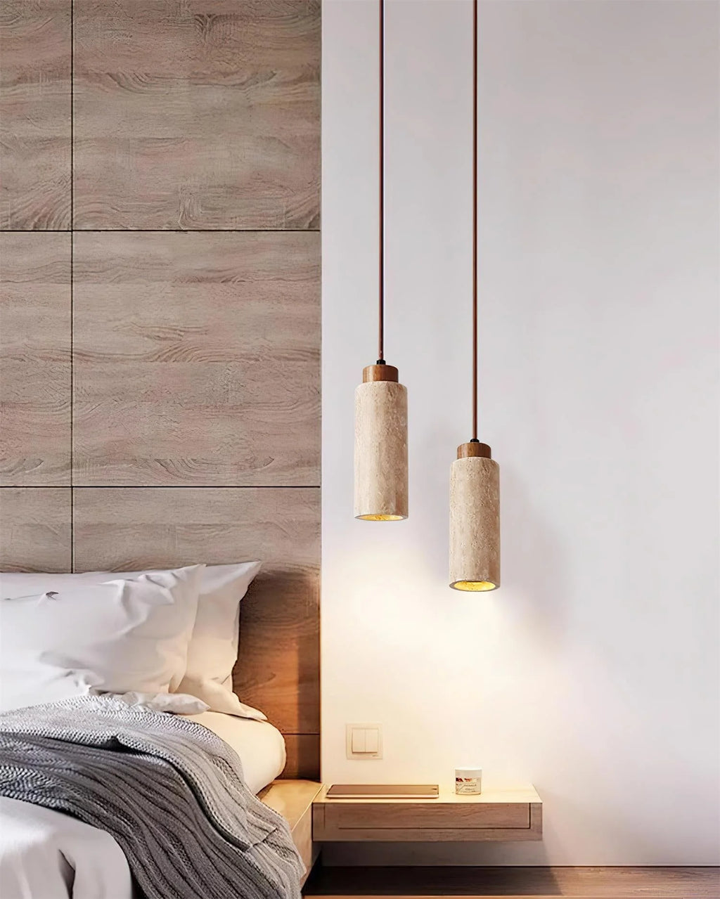 Pendant Light | Travertine & Wood Shade | 59 in Adjustable Cord