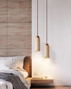 Pendant Light | Travertine & Wood Shade | 59 in Adjustable Cord