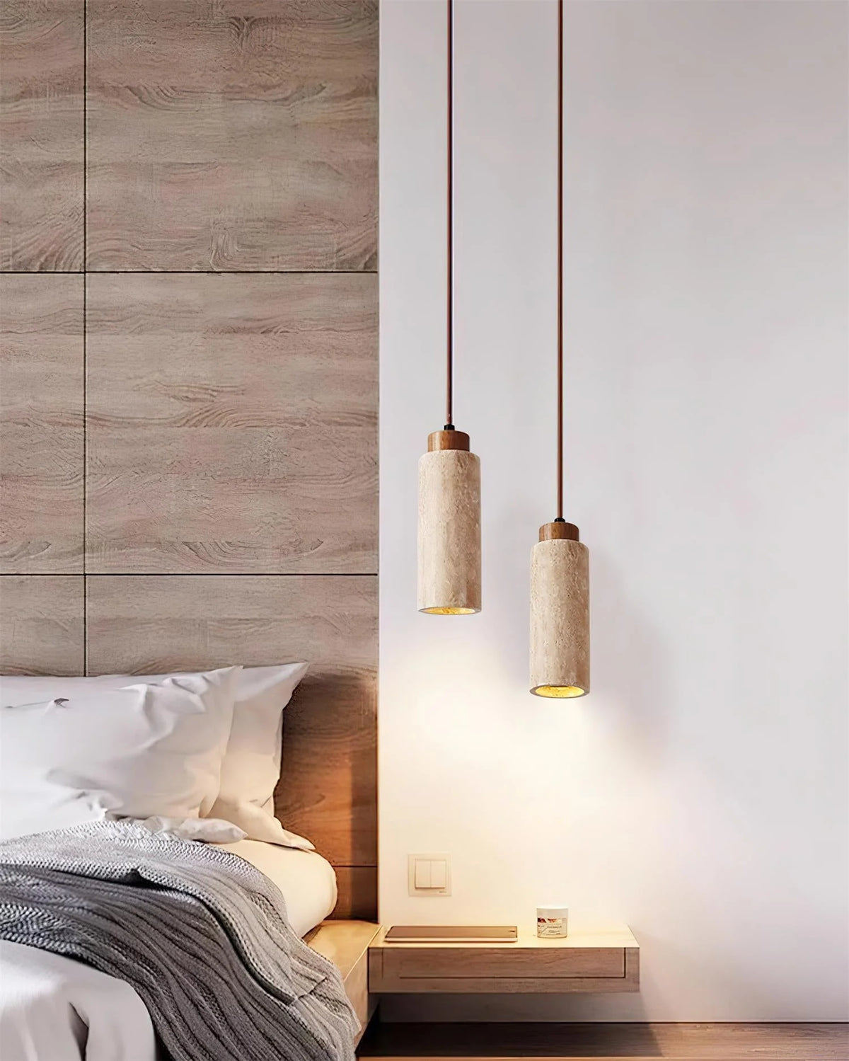 Pendant Light | Travertine & Wood Shade | 59 in Adjustable Cord