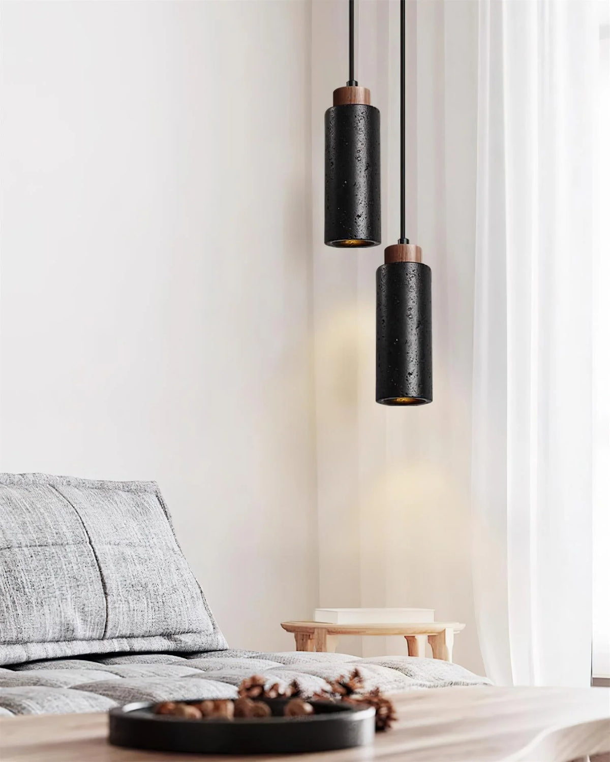 Pendant Light | Travertine & Wood Shade | 59 in Adjustable Cord