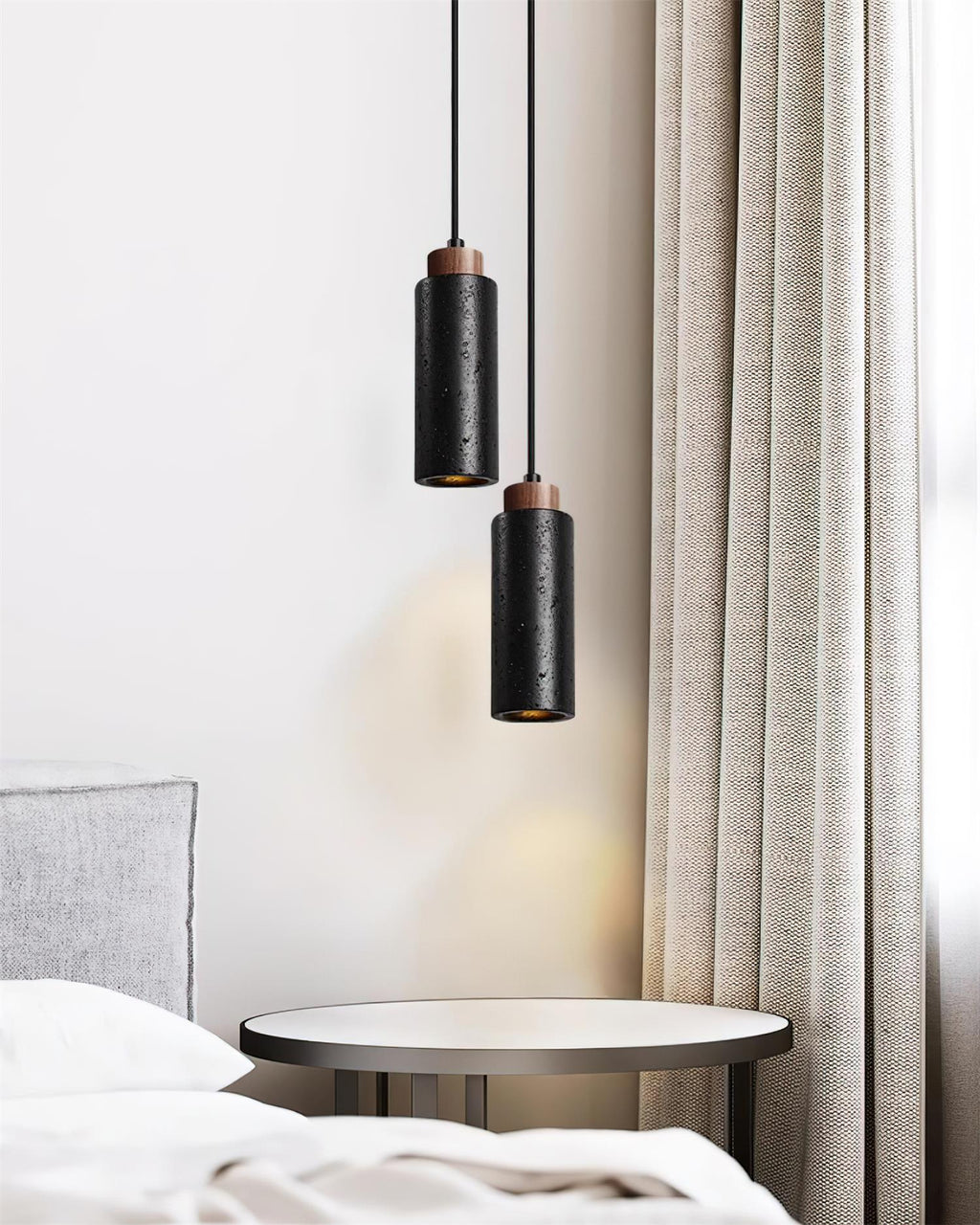 Pendant Light | Travertine & Wood Shade | 59 in Adjustable Cord