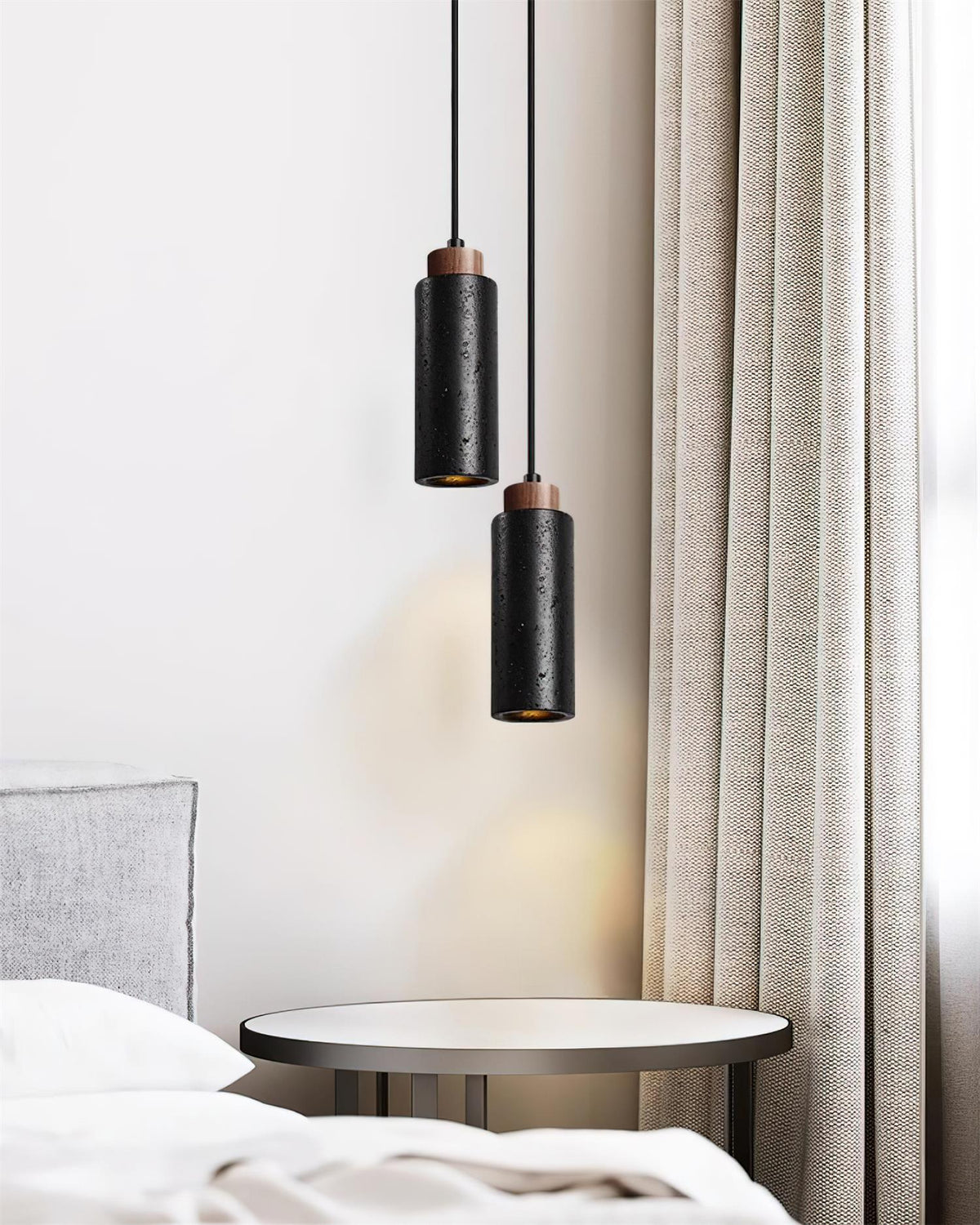Pendant Light | Travertine & Wood Shade | 59 in Adjustable Cord