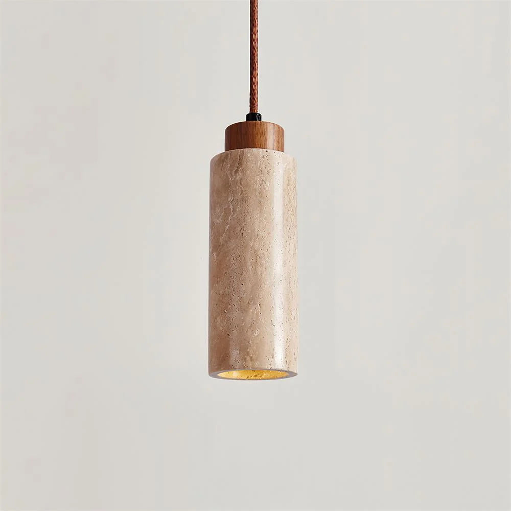 Pendant Light | Travertine & Wood Shade | 59 in Adjustable Cord