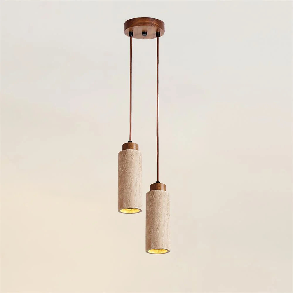 Pendant Light | Travertine & Wood Shade | 59 in Adjustable Cord