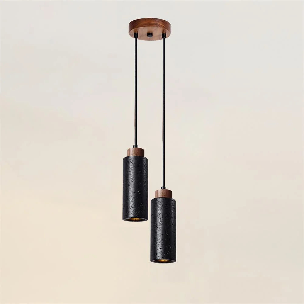Pendant Light | Travertine & Wood Shade | 59 in Adjustable Cord