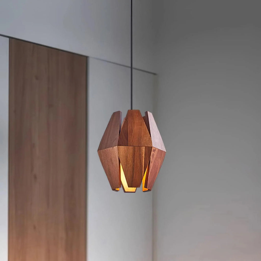 Pendant Light | Wood Geometric Shade & Adjustable Cord | Two Sizes