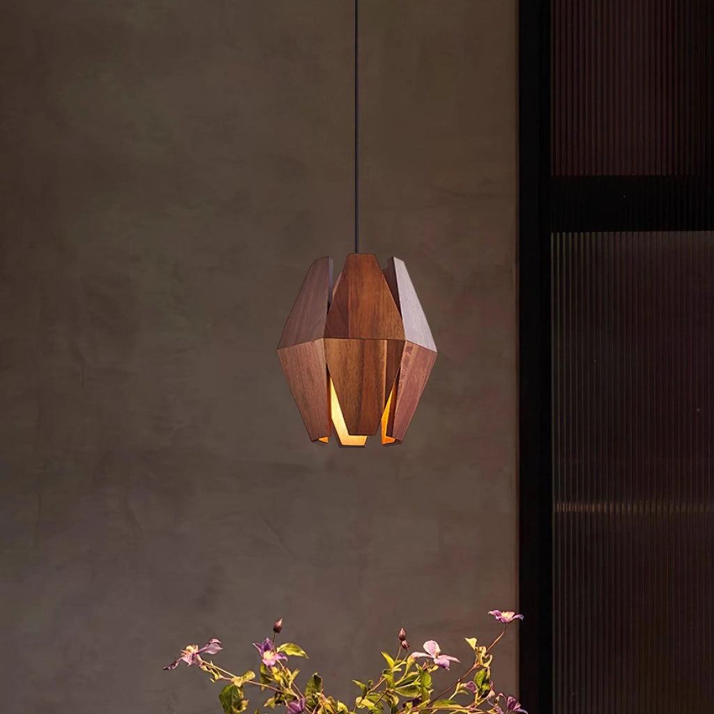 Pendant Light | Wood Geometric Shade & Adjustable Cord | Two Sizes