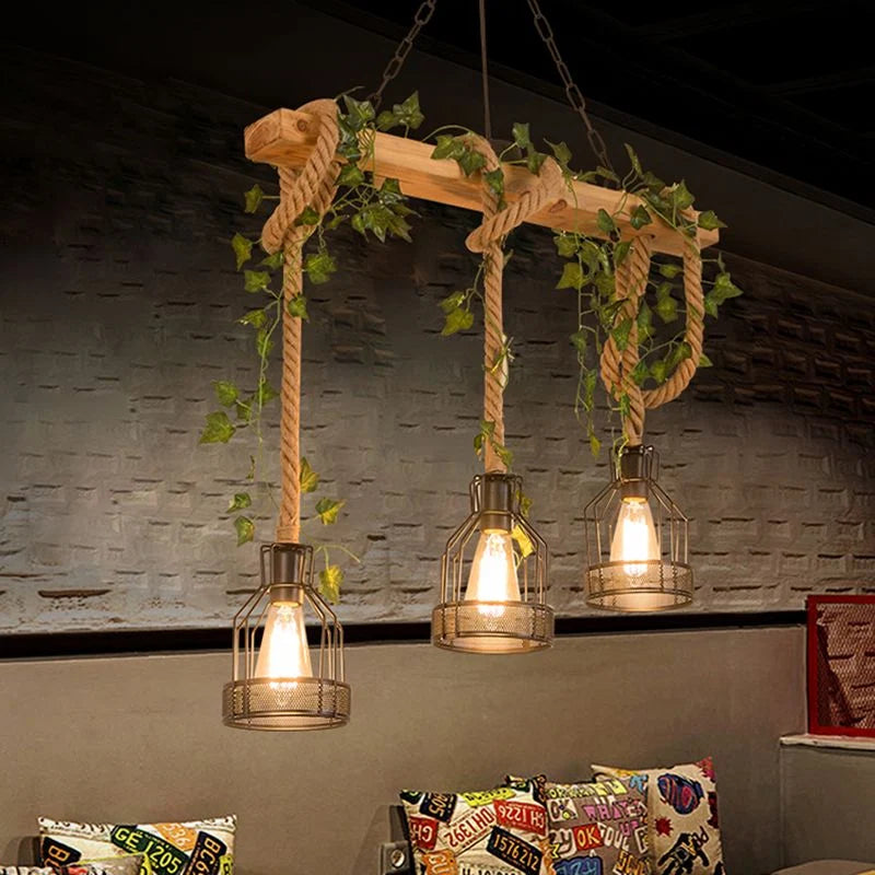 Pendant Light | Wood & Metal Caged Beam | 3/5-Light