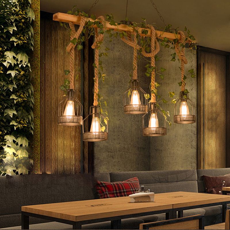 Pendant Light | Wood & Metal Caged Beam | 3/5-Light