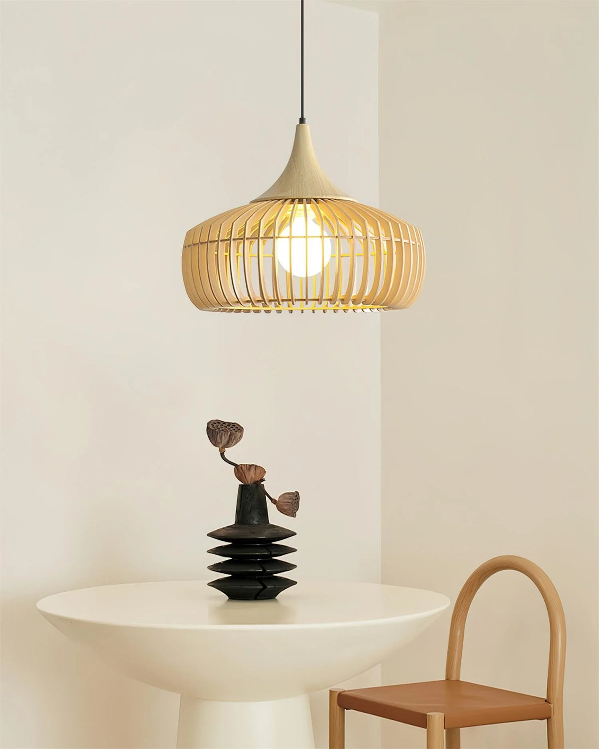 Pendant Light | Wood & Metal Dimmable & Damp-Rated | Hardwired