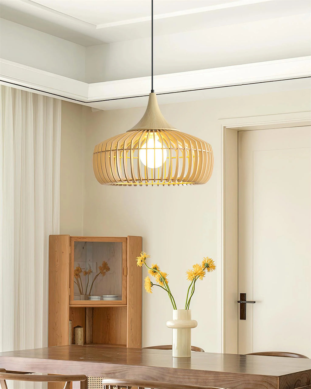 Pendant Light | Wood & Metal Dimmable & Damp-Rated | Hardwired