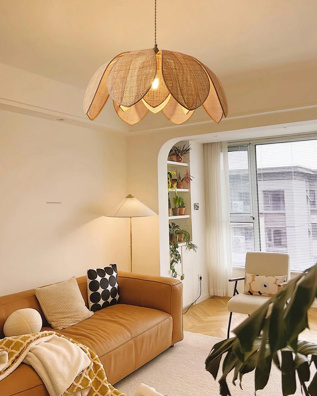 Pendant Light | Woven Rattan & Linen Shade | 65cm Diameter