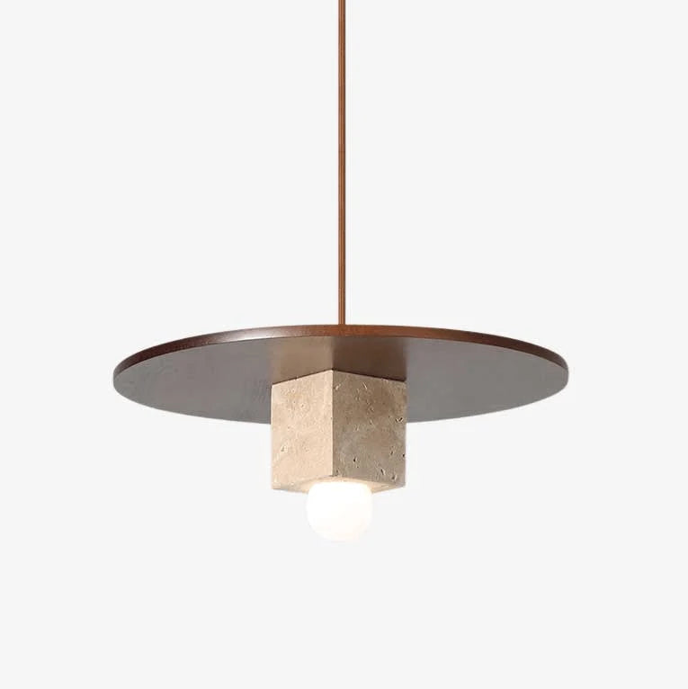 Pendant Light | Yellow Travertine Disc & Walnut Wood | 30 cm Diameter