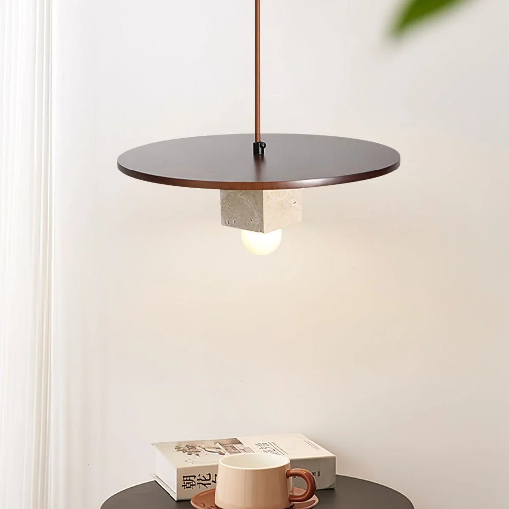 Pendant Light | Yellow Travertine Disc & Walnut Wood | 30 cm Diameter