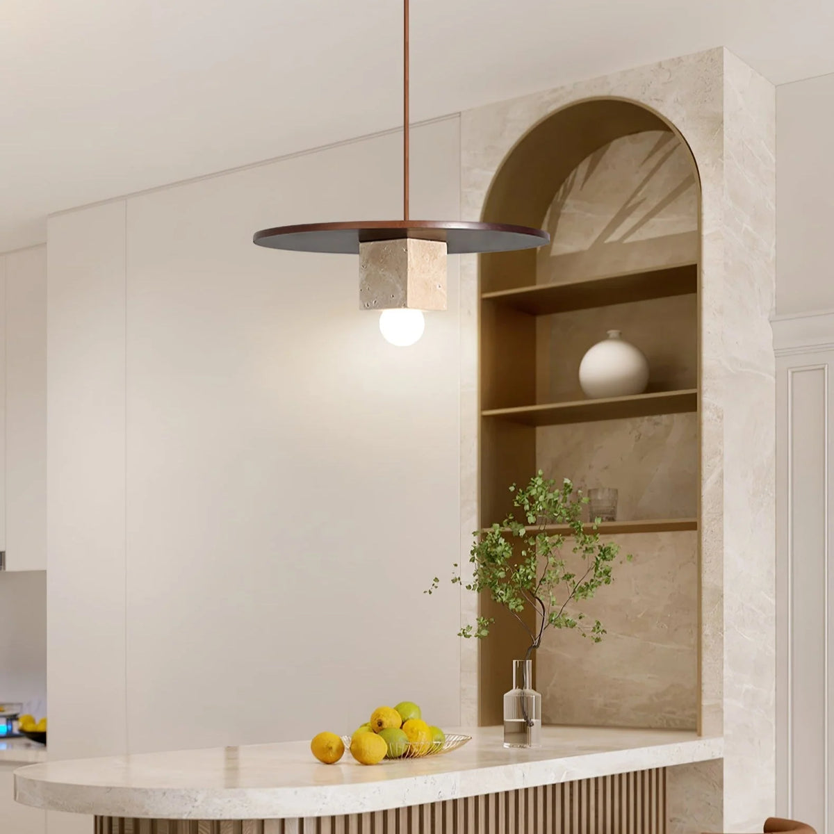 Pendant Light | Yellow Travertine Disc & Walnut Wood | 30 cm Diameter