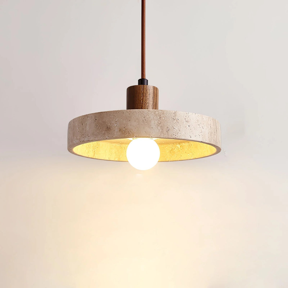 Pendant Light | Yellow Travertine Shade & Walnut Wood | 20 cm Diameter